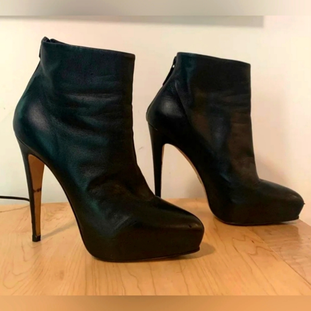Brian Atwood Black Leather Platform Booties SZ 10